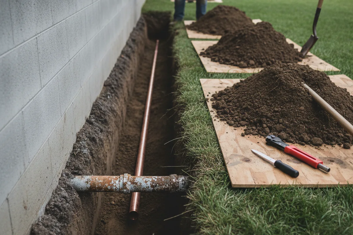 Excavated water line trench during Water Softener Installation in Cameron